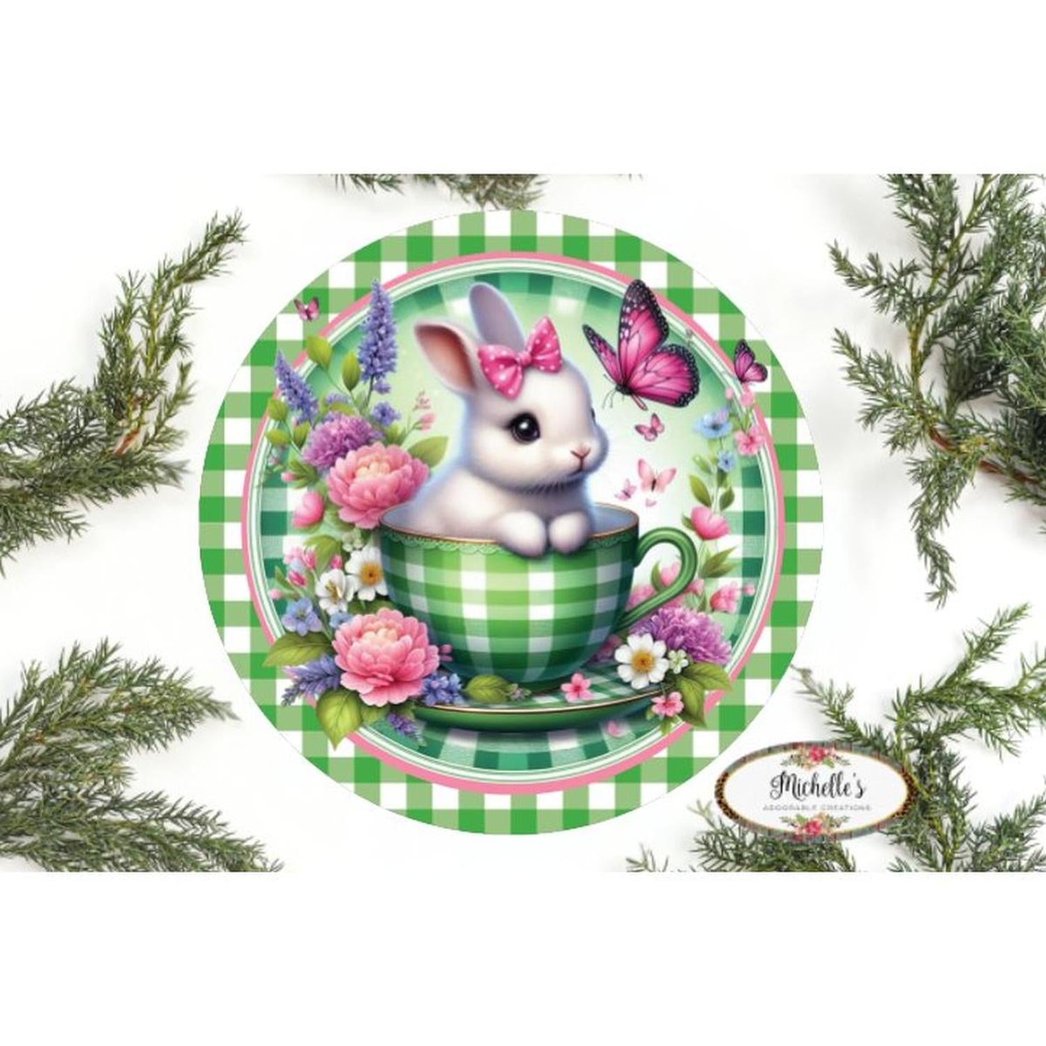 Shop For Green Check Easter Spring Bunny Teacup Sign at Michelle's aDOORable Creations