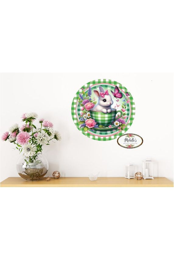 Green Check Easter Spring Bunny Teacup Sign - Michelle's aDOORable Creations - Signature Signs