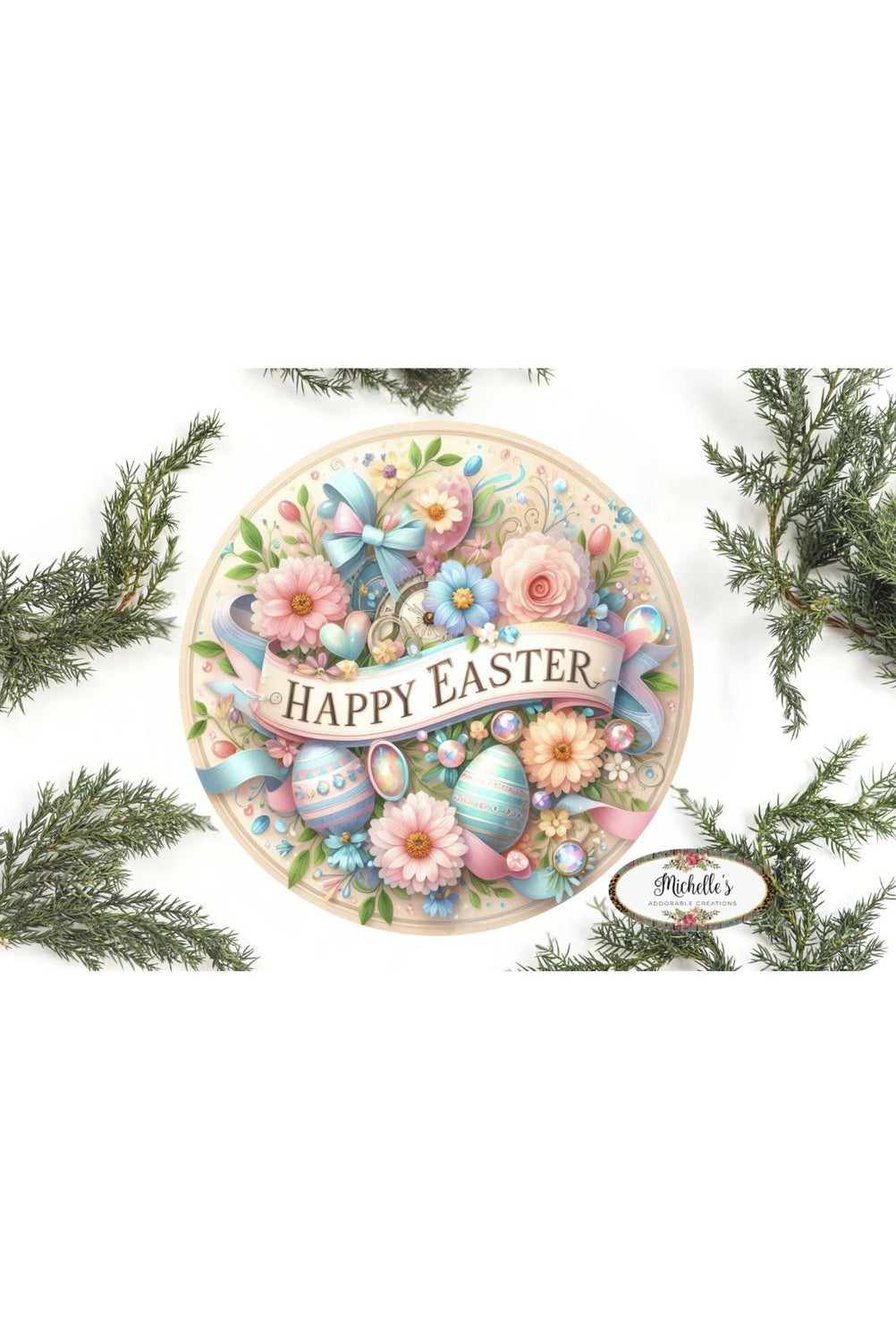 Happy Easter Pastel Eggs Floral Sign - Wreath Enhancement - Michelle's aDOORable Creations - Signature Signs