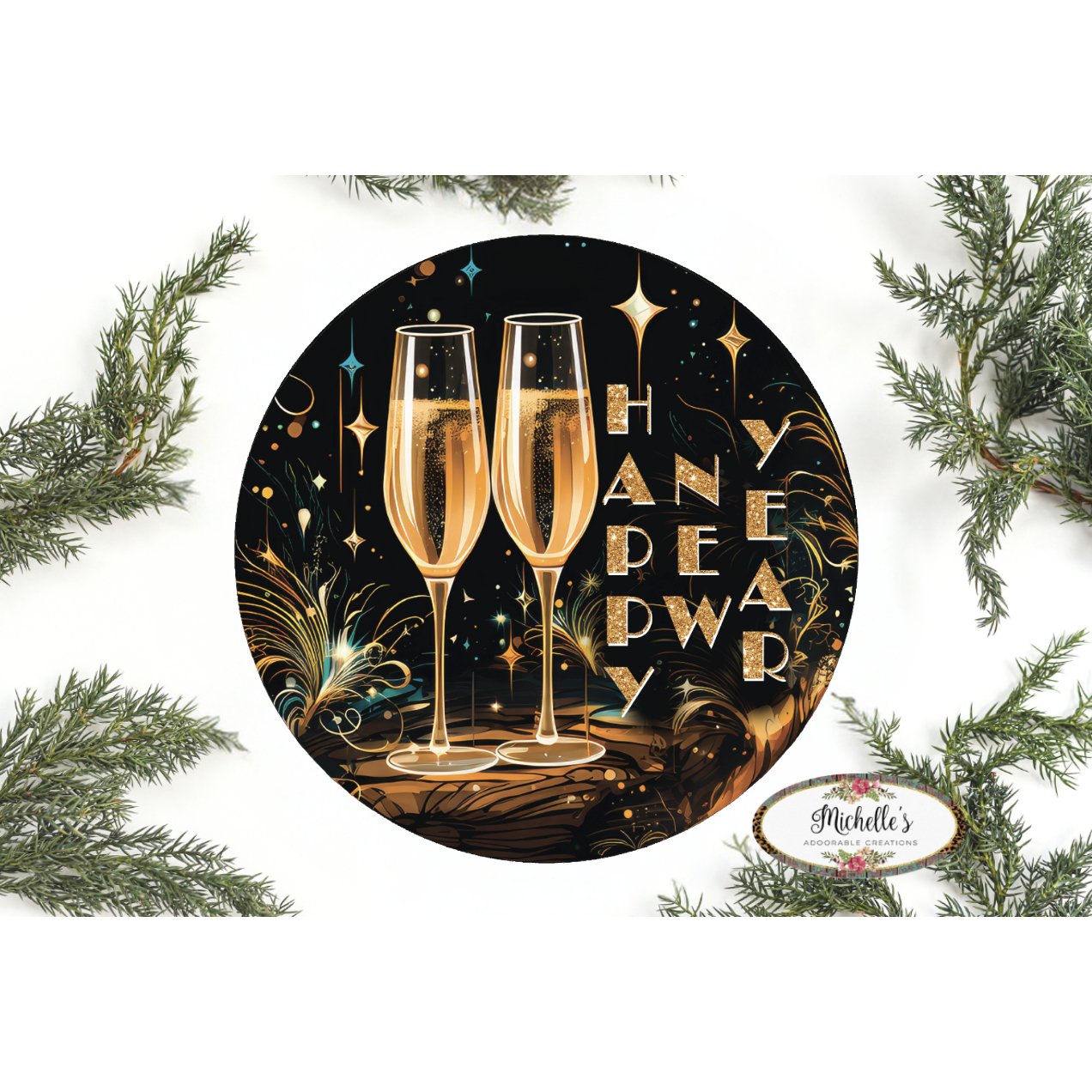 Shop For Happy New Year Champagne Glasses Sign - Wreath Enhancement at Michelle's aDOORable Creations