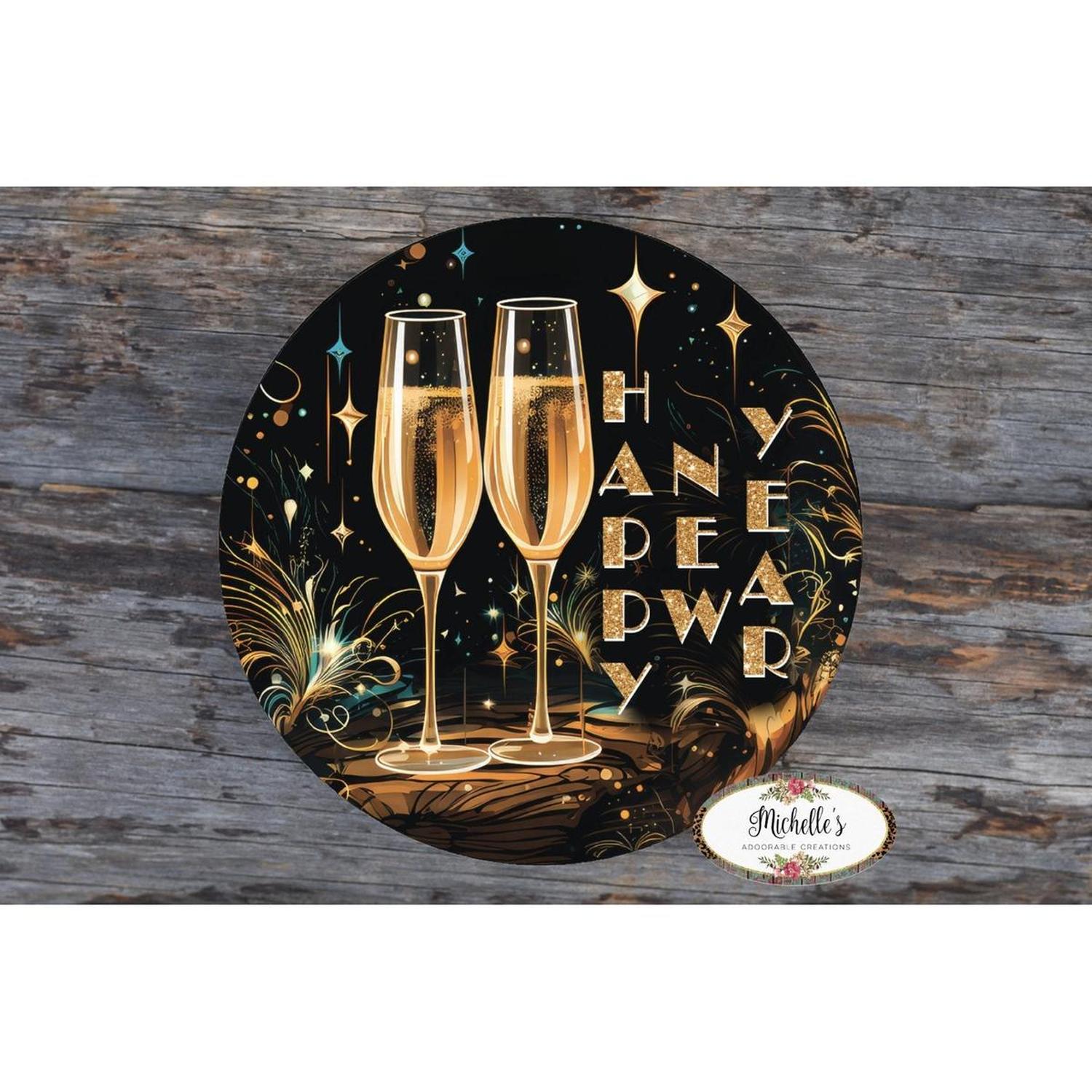 Shop For Happy New Year Champagne Glasses Sign - Wreath Enhancement at Michelle's aDOORable Creations