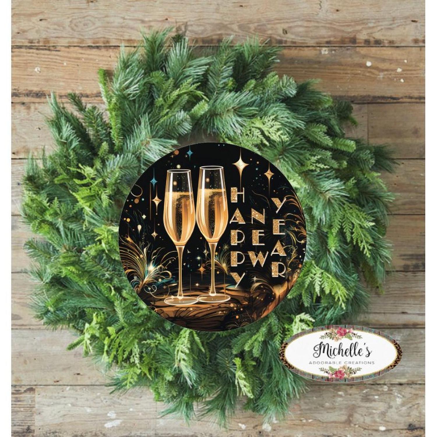 Shop For Happy New Year Champagne Glasses Sign - Wreath Enhancement at Michelle's aDOORable Creations