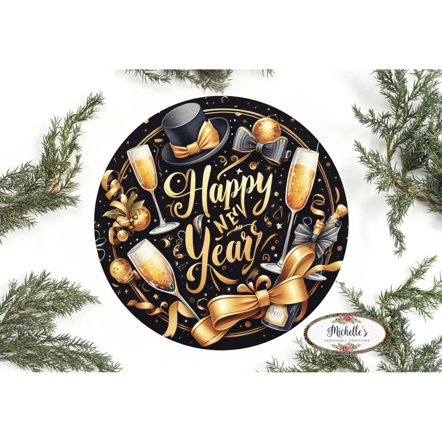 Shop For Happy New Year Top Hat Round Sign - Wreath Enhancement at Michelle's aDOORable Creations