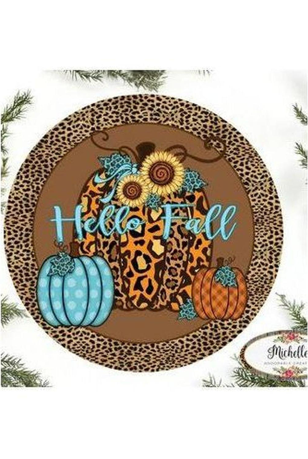 Hello Fall Leopard Animal Print Pumpkin Sign - Wreath Accent Sign