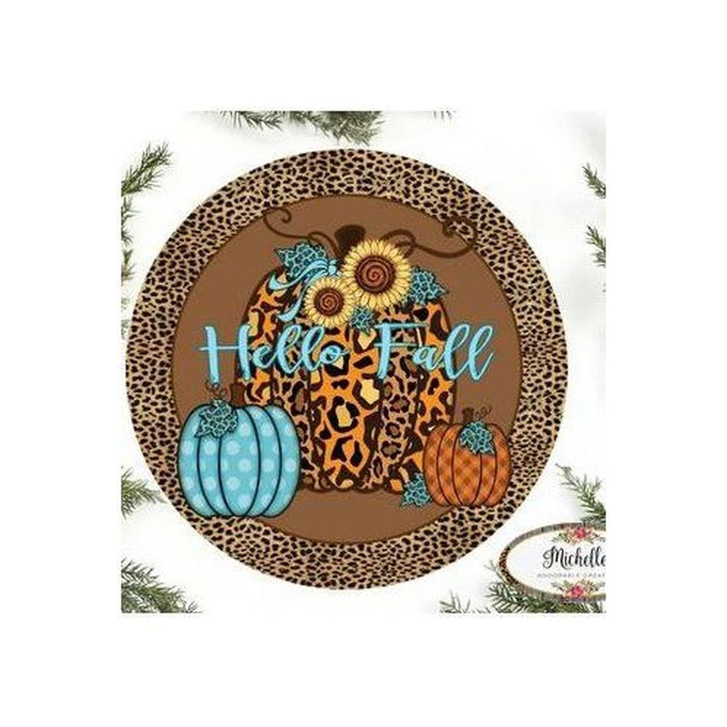 Shop For Hello Fall Leopard Animal Print Pumpkin Sign - Wreath Accent Sign at Michelle's aDOORable Creations