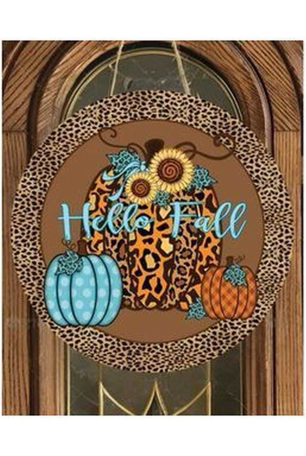 Hello Fall Leopard Animal Print Pumpkin Sign - Wreath Accent Sign