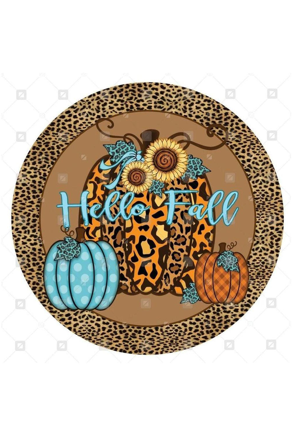 Hello Fall Leopard Animal Print Pumpkin Sign - Wreath Accent Sign