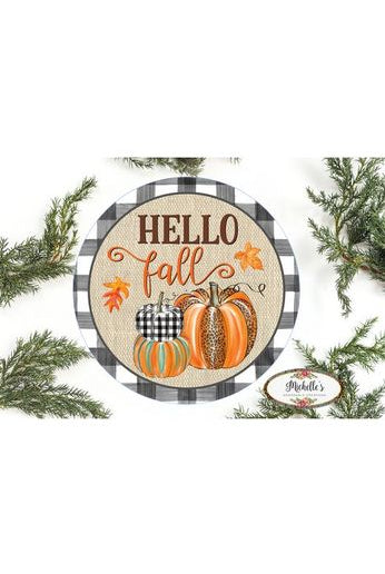 Hello Fall Leopard Pumpkins Black Plaid - Wreath Accent Sign - Michelle's aDOORable Creations - Signature Signs