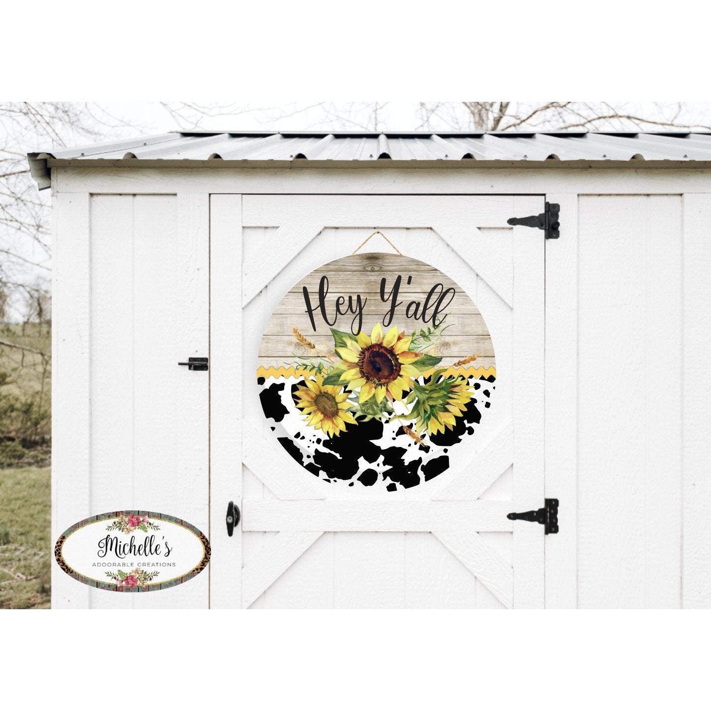 Shop For Hey Yall Cowhide Sunflower Sign - Wreath Enhancement at Michelle's aDOORable Creations