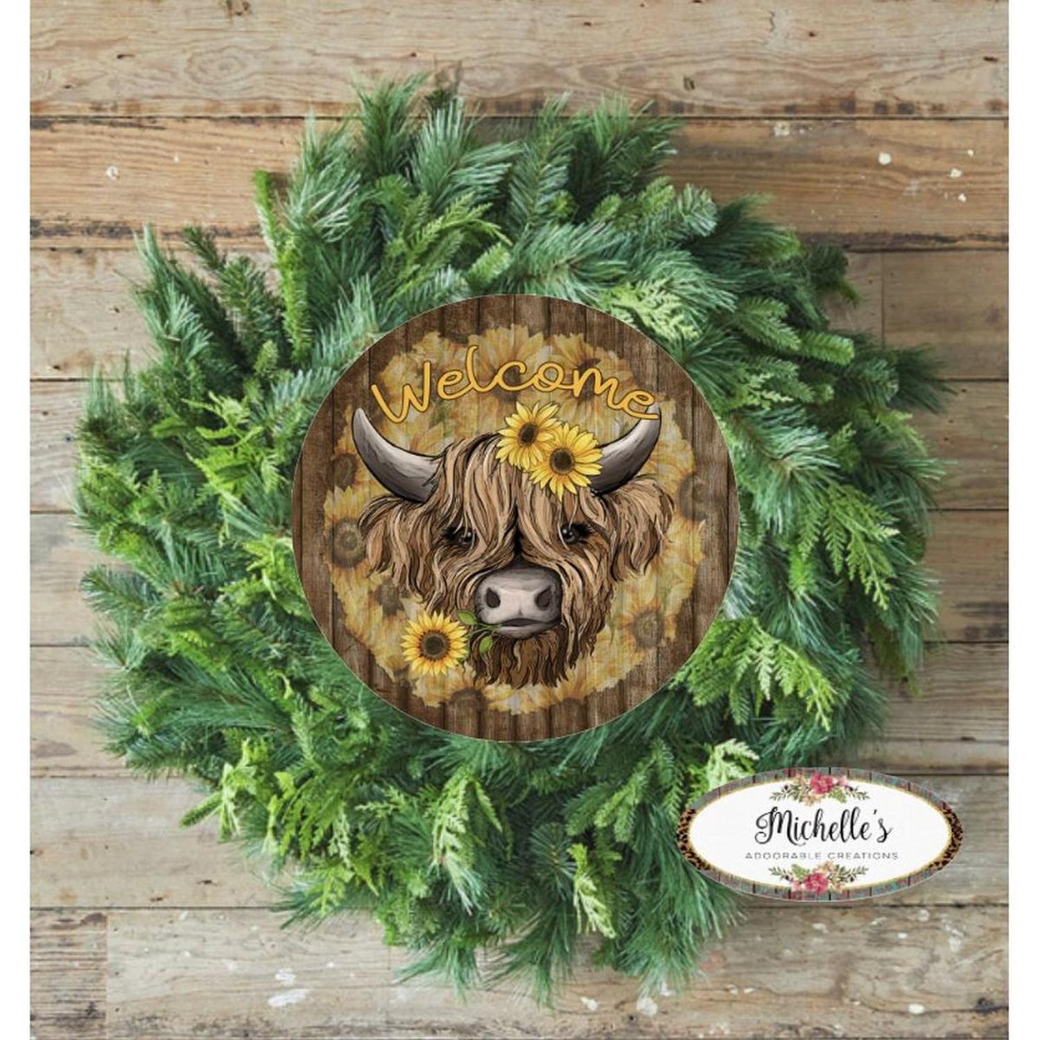 Shop For Highland Cow Welcome Sunflower Round Sign - Wreath Enhancement at Michelle's aDOORable Creations