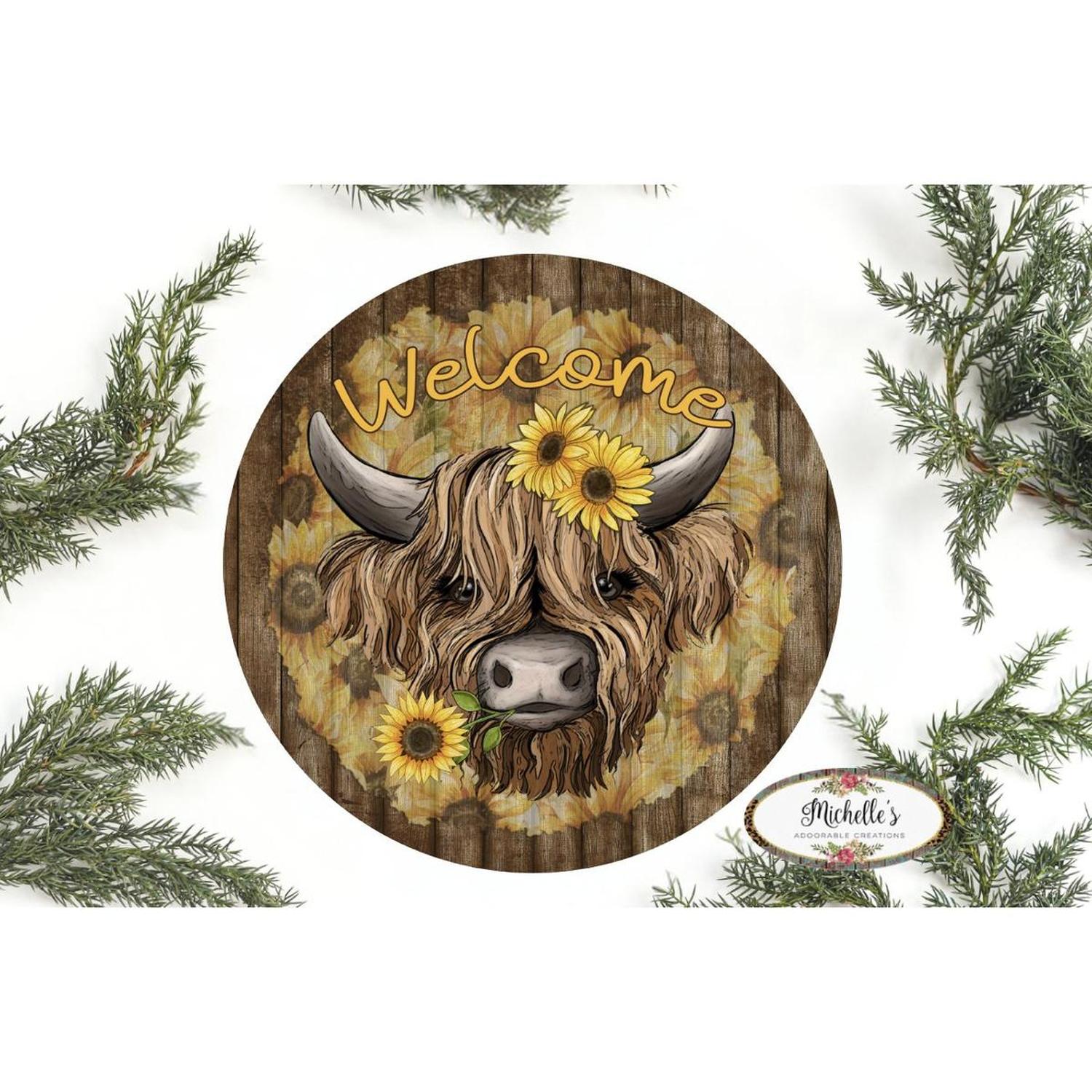 Shop For Highland Cow Welcome Sunflower Round Sign - Wreath Enhancement at Michelle's aDOORable Creations