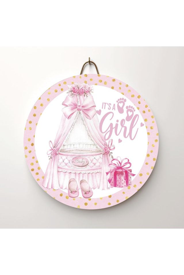 Its a Girl Pink Gold Round Sign - Wreath Enhancement - Michelle's aDOORable Creations - Signature Signs