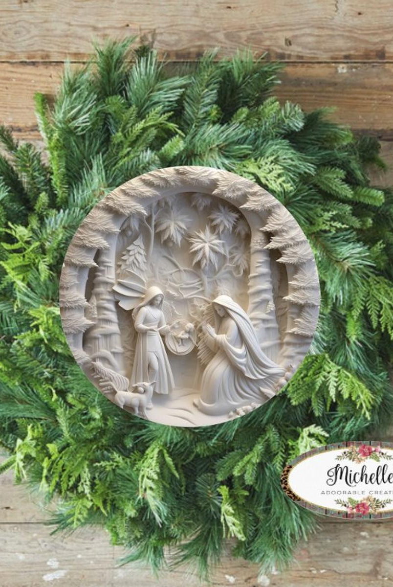 Shop For Ivory Carving Christmas Nativity 3D Round Sign - Wreath Enhancement at Michelle's aDOORable Creations