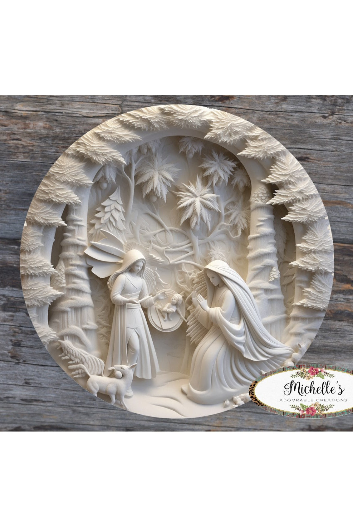Shop For Ivory Carving Christmas Nativity 3D Round Sign - Wreath Enhancement at Michelle's aDOORable Creations