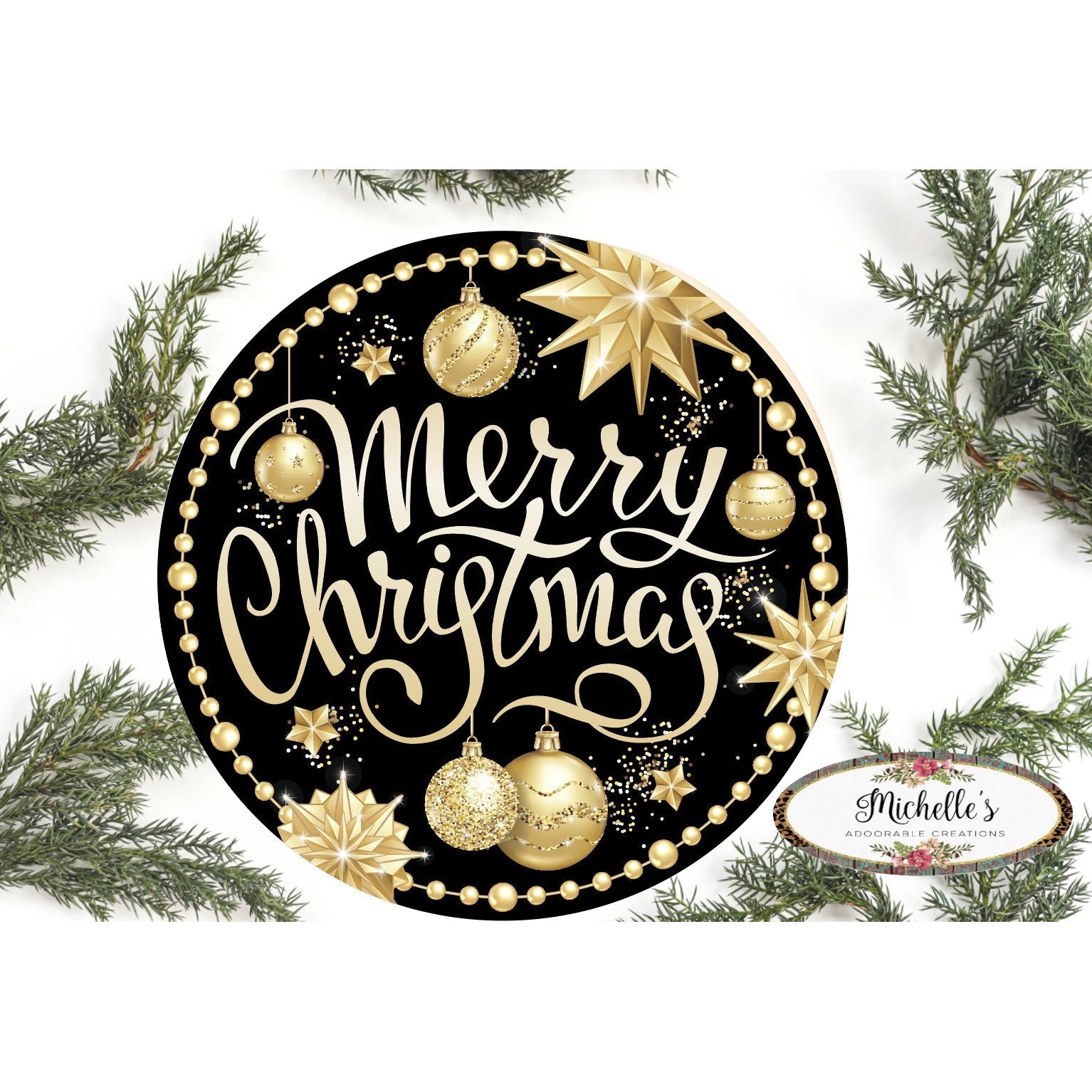 Shop For Merry Christmas Black Gold Round Sign - Wreath Enhancement at Michelle's aDOORable Creations