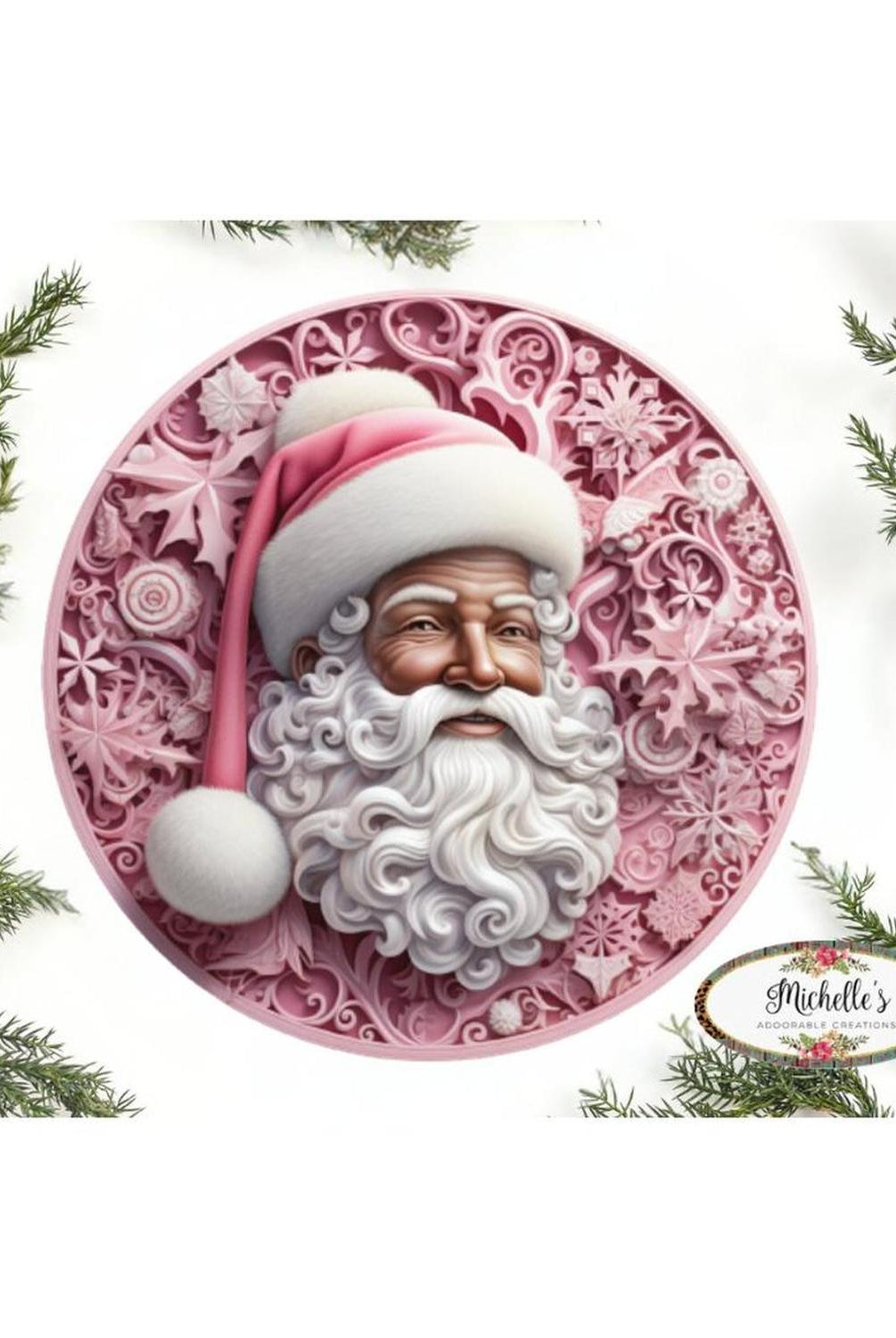 Pink African American Faux 3D Santa Sign - Wreath Enhancement