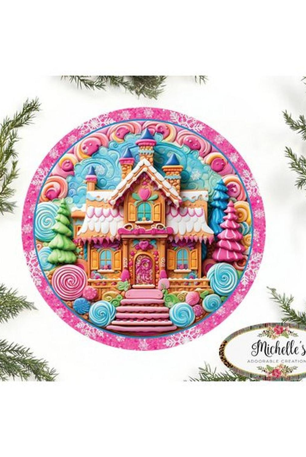 Pink Candy Gingerbread Cookie House Faux 3D Sign - Wreath Enhancement