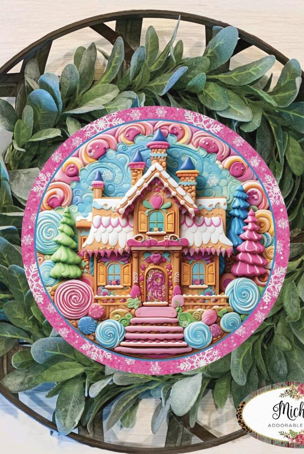 Pink Candy Gingerbread Cookie House Faux 3D Sign - Wreath Enhancement