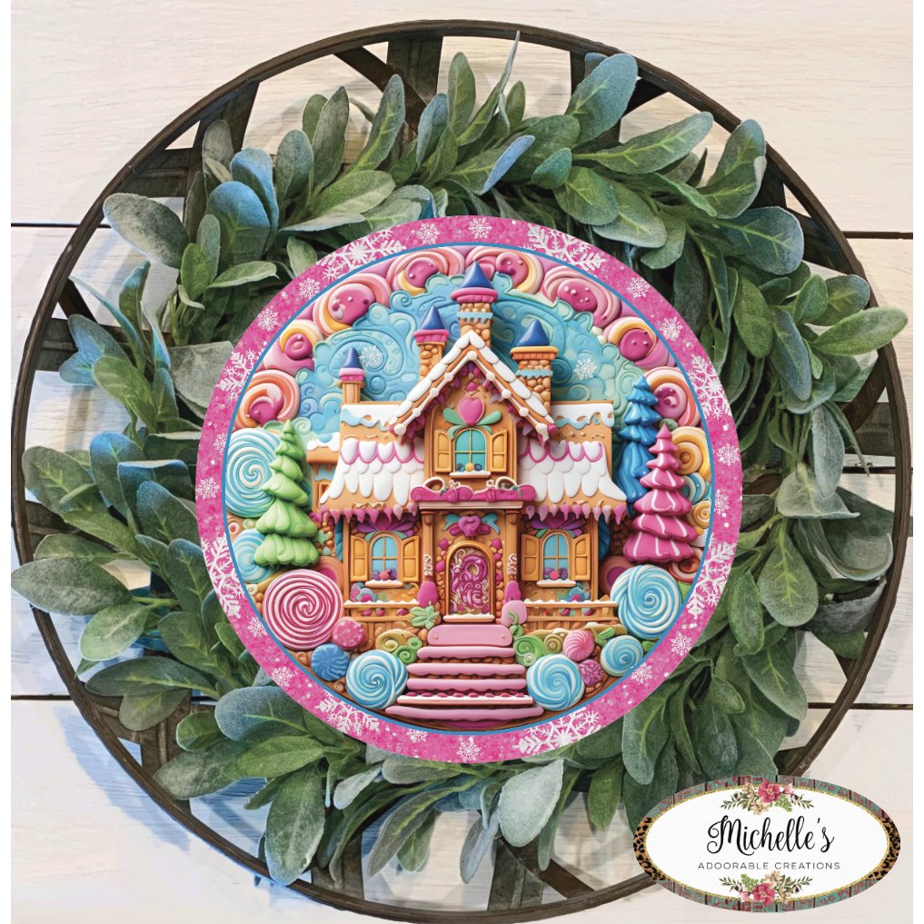 Shop For Pink Candy Gingerbread Cookie House Faux 3D Sign - Wreath Enhancement at Michelle's aDOORable Creations