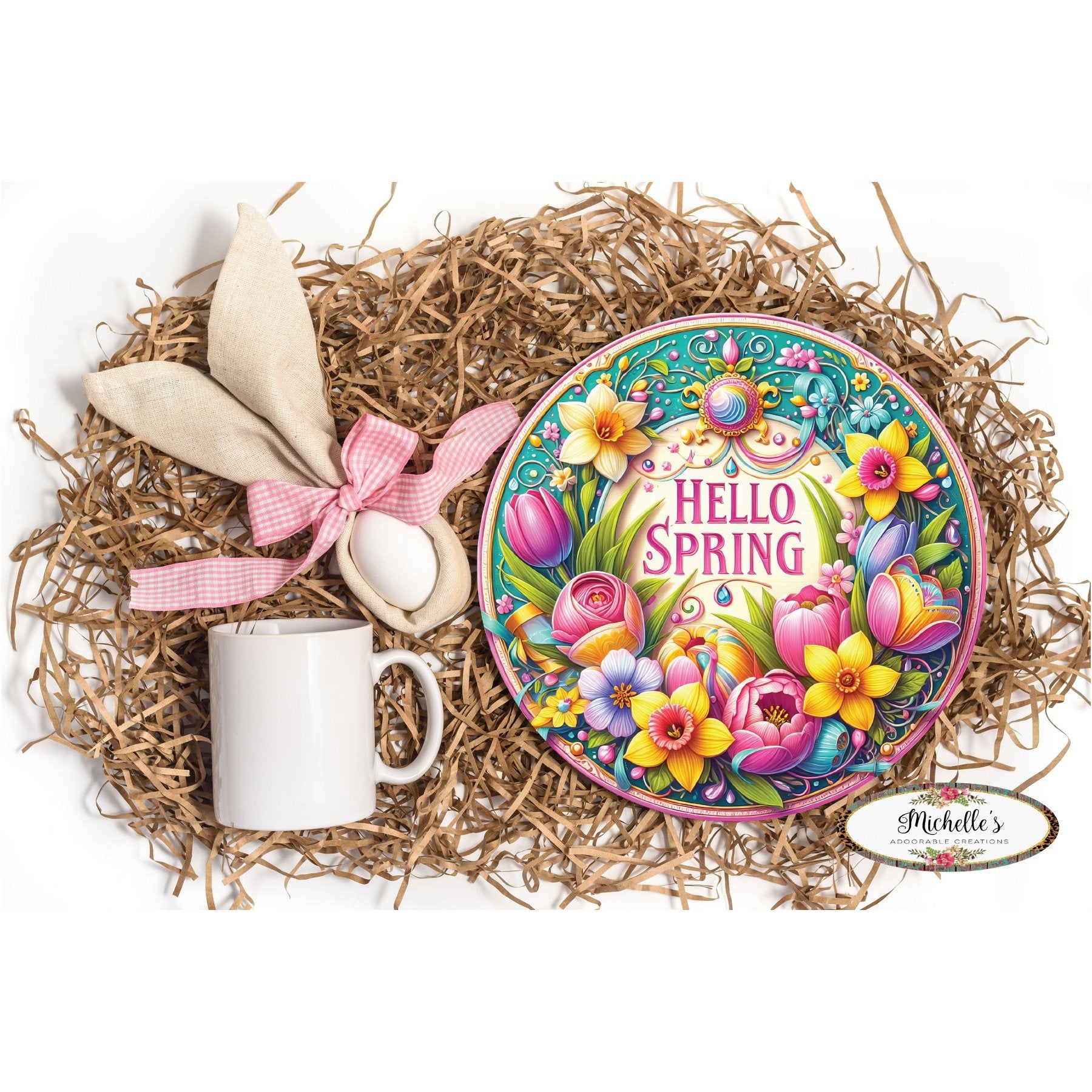 Shop For Pink Hello Spring Floral Sign at Michelle's aDOORable Creations