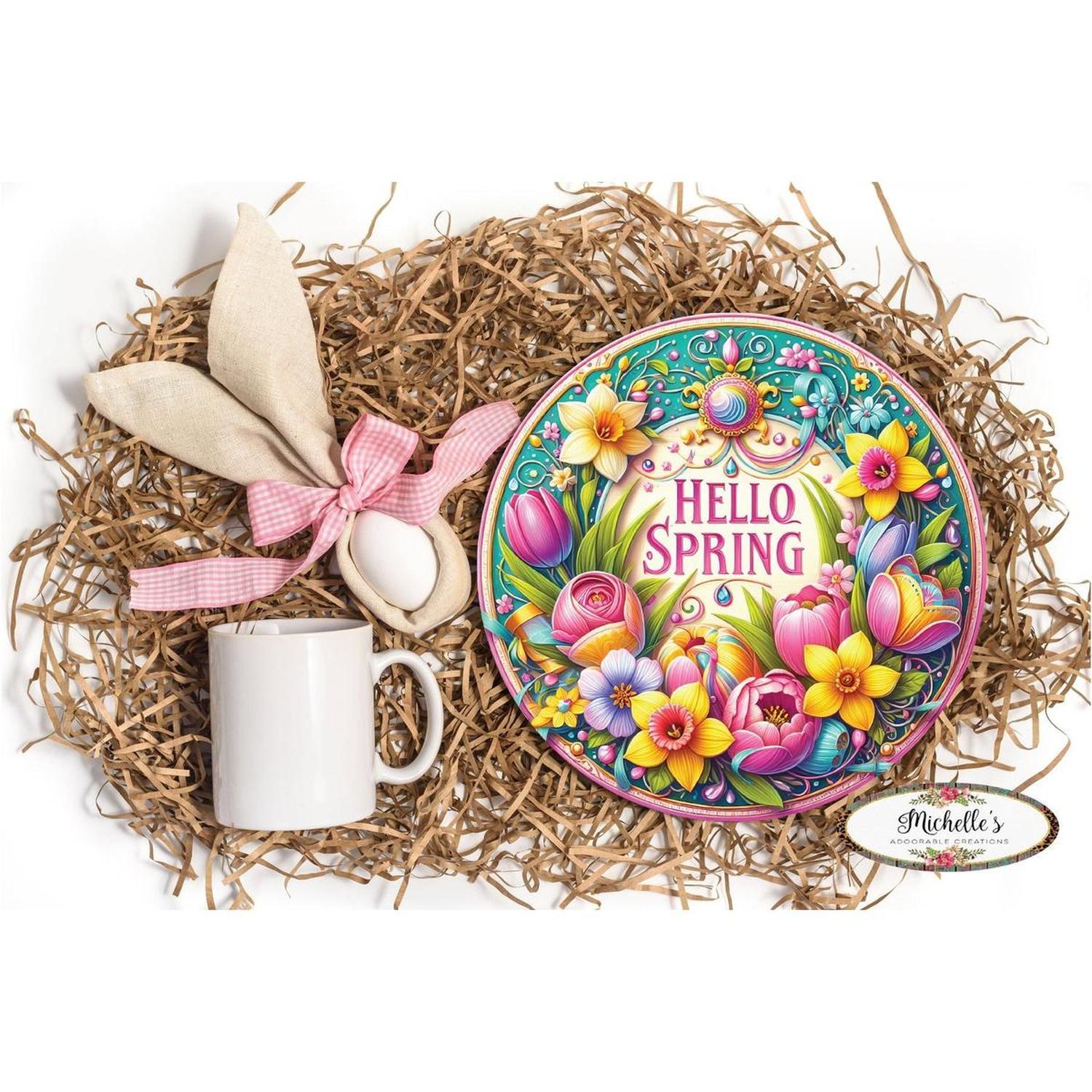 Shop For Pink Hello Spring Floral Sign at Michelle's aDOORable Creations