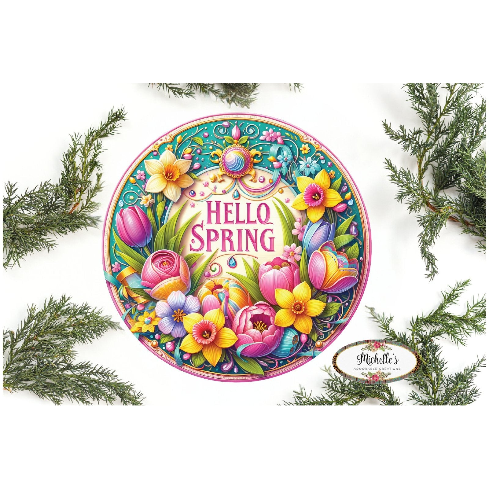 Shop For Pink Hello Spring Floral Sign at Michelle's aDOORable Creations