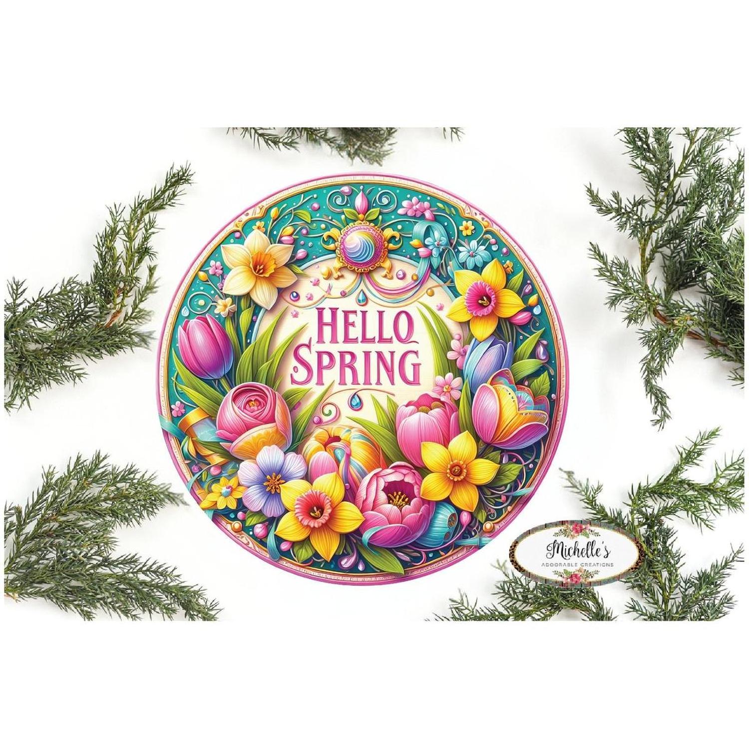 Shop For Pink Hello Spring Floral Sign at Michelle's aDOORable Creations