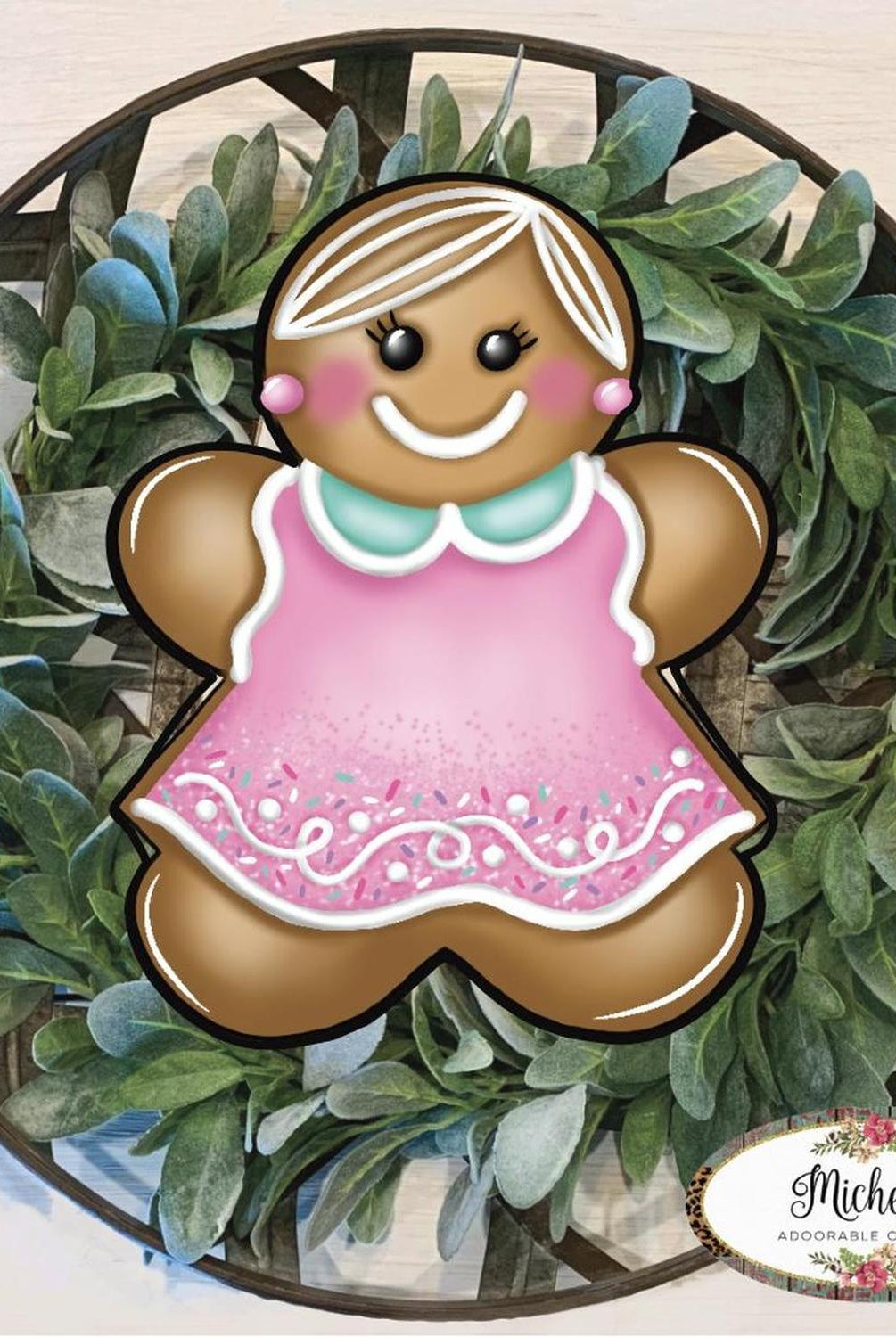 Pink Mint Gingerbread Girl Sign GBG4- Wreath Enhancement