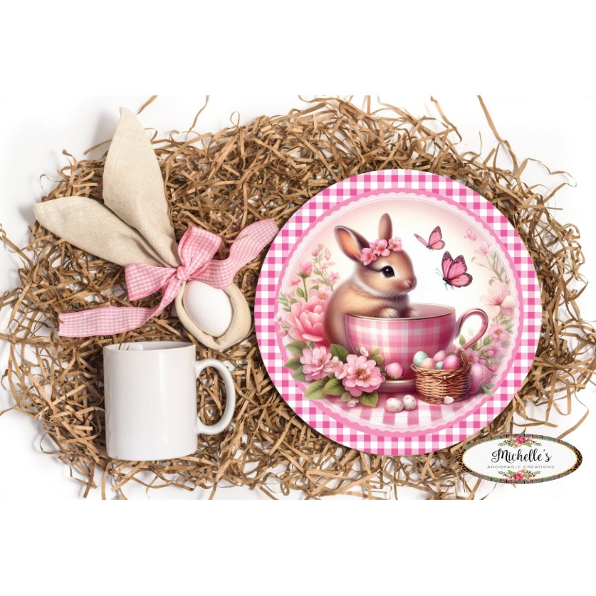 Shop For Pink Plaid Check Easter Spring Bunny Teacup Sign at Michelle's aDOORable Creations