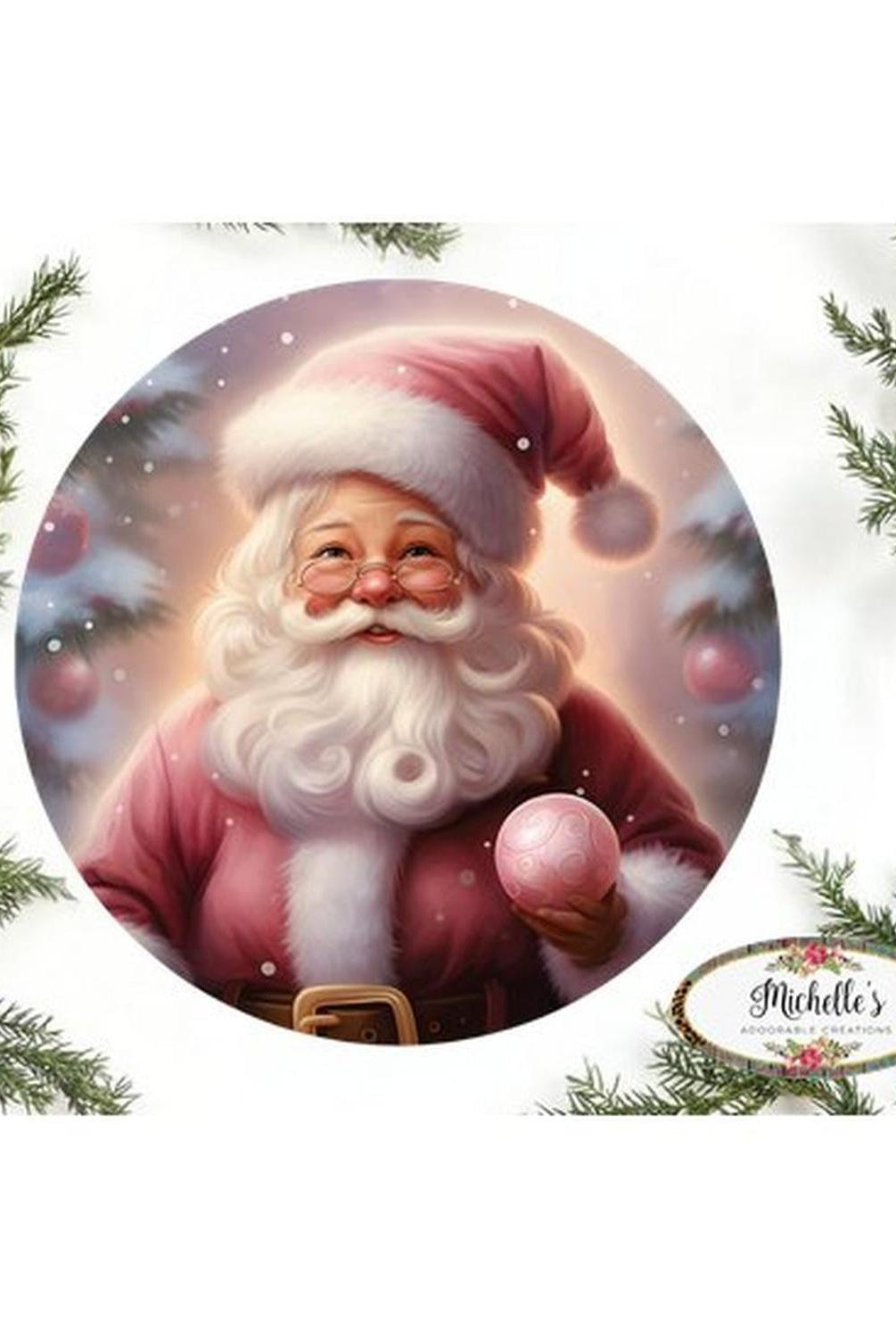 Pink Santa Claus Christmas Tree Sign - Wreath Enhancement