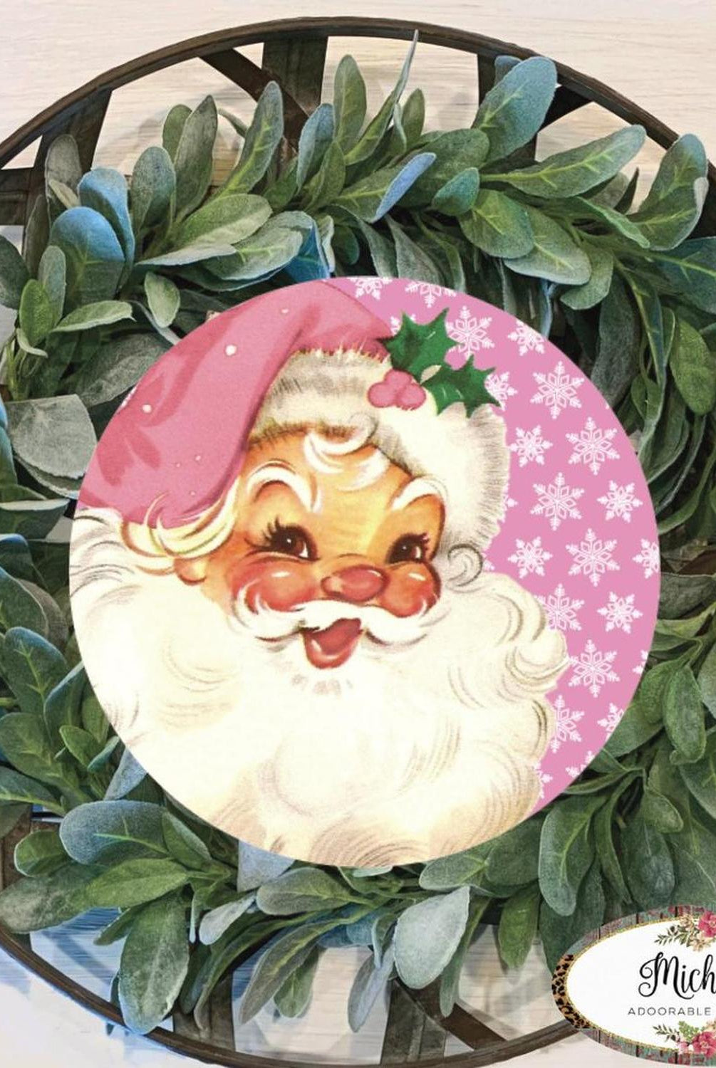 Shop For Pink Snowflakes Vintage Santa Christmas Sign - Wreath Enhancement at Michelle's aDOORable Creations