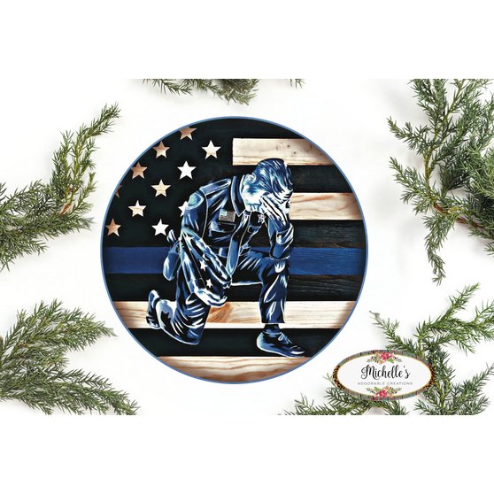 Shop For Police Officer Thin Blue Line Round Sign - Wreath Enhancement at Michelle's aDOORable Creations