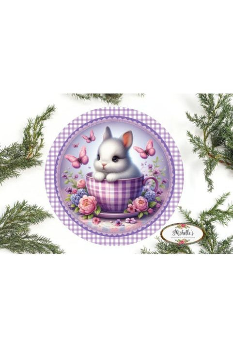 Purple Plaid Check Easter Spring Bunny Teacup Sign - Michelle's aDOORable Creations - Signature Signs