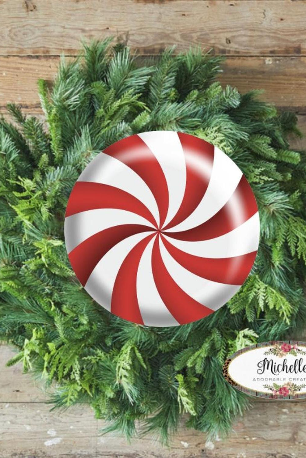 Red White Peppermint Candy Round Sign - Wreath Enhancement