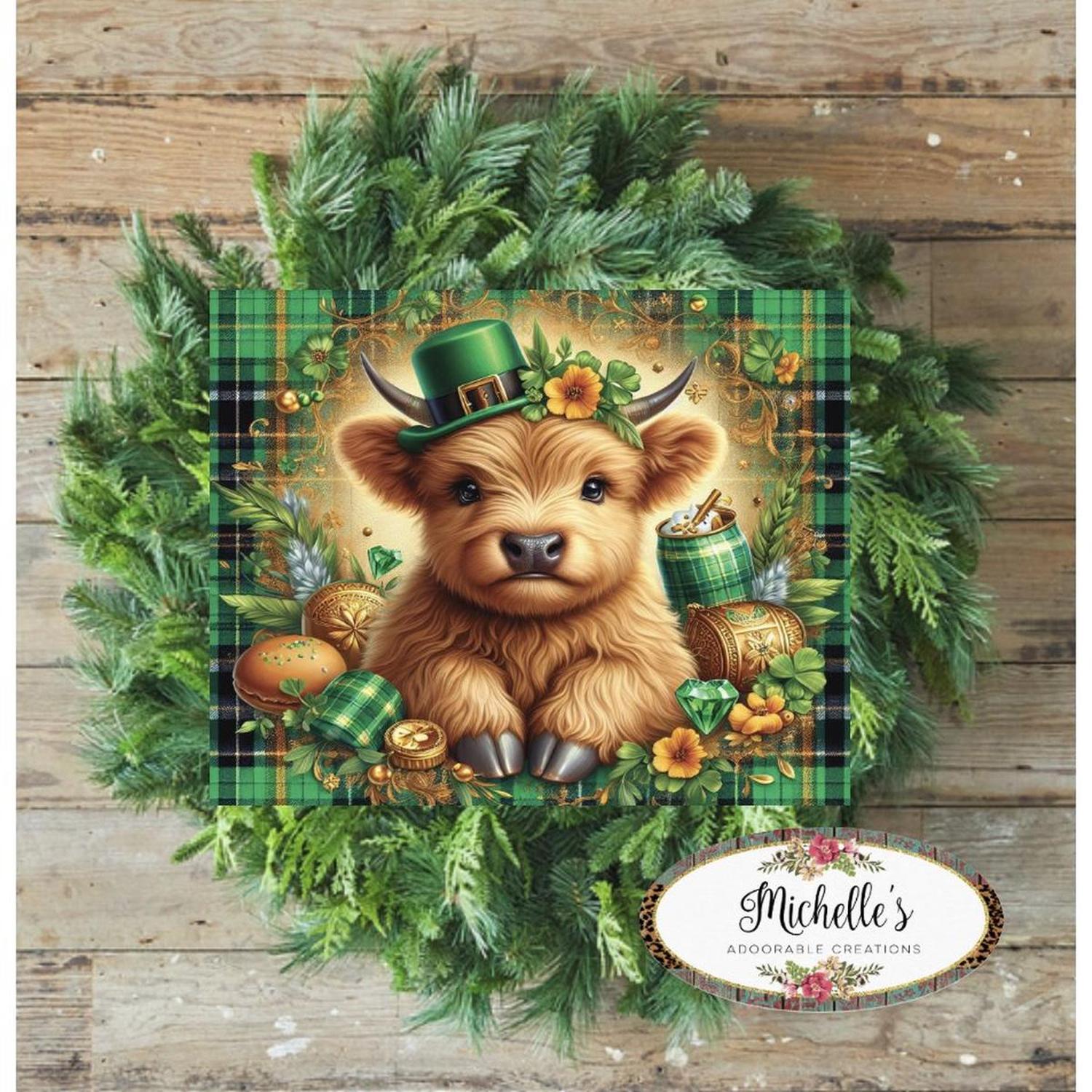 Shop For Saint Patrick Highland Cow Sign - Wreath Enhancement at Michelle's aDOORable Creations