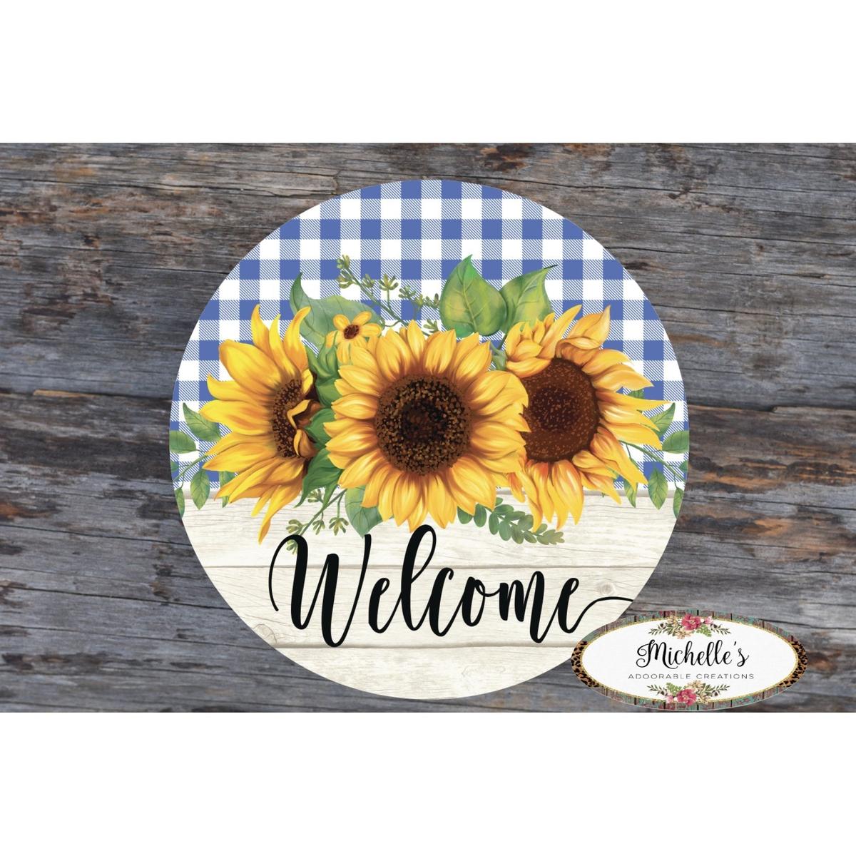 Shop For Sunflower Welcome Blue Plaid Round Sign - Wreath Enhancement at Michelle's aDOORable Creations