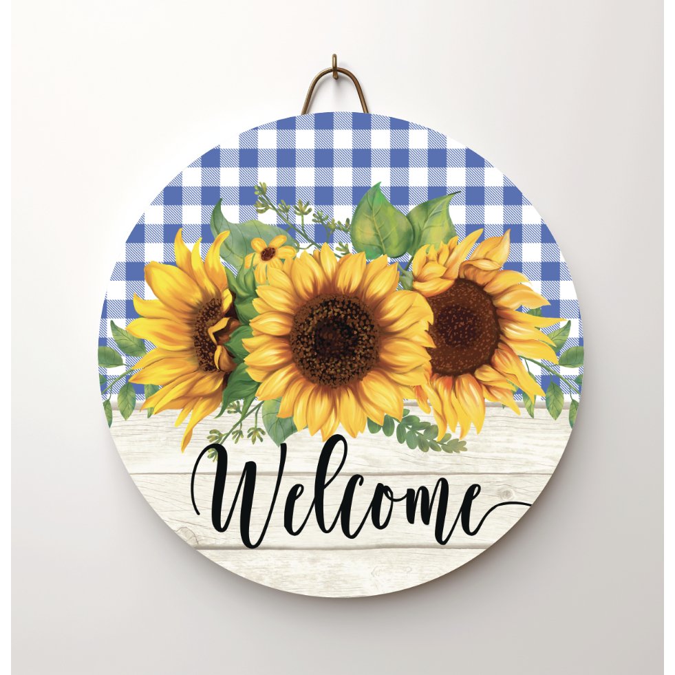 Shop For Sunflower Welcome Blue Plaid Round Sign - Wreath Enhancement at Michelle's aDOORable Creations