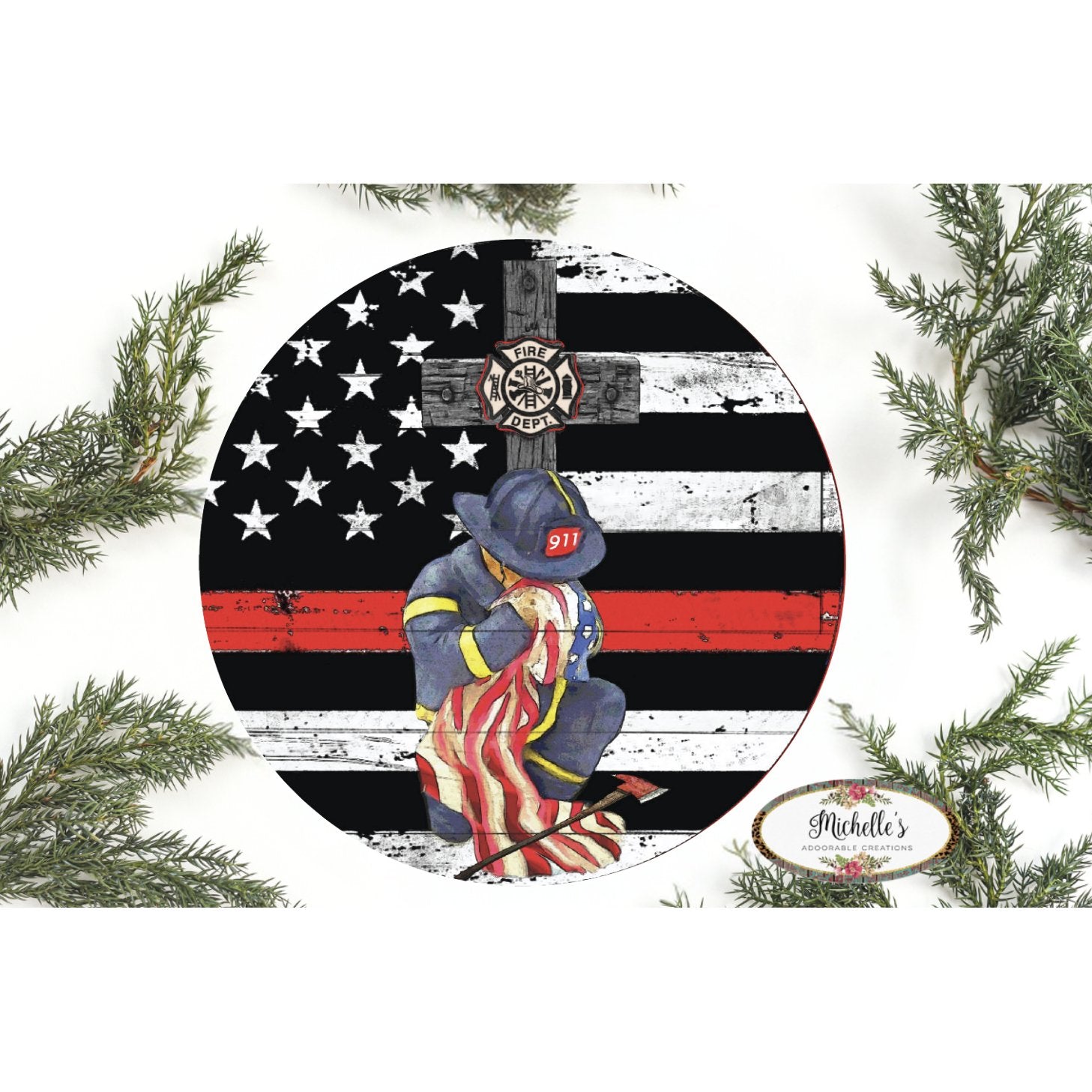 Shop For Thin Red Line Kneeling Firefighter Round Sign at Michelle's aDOORable Creations