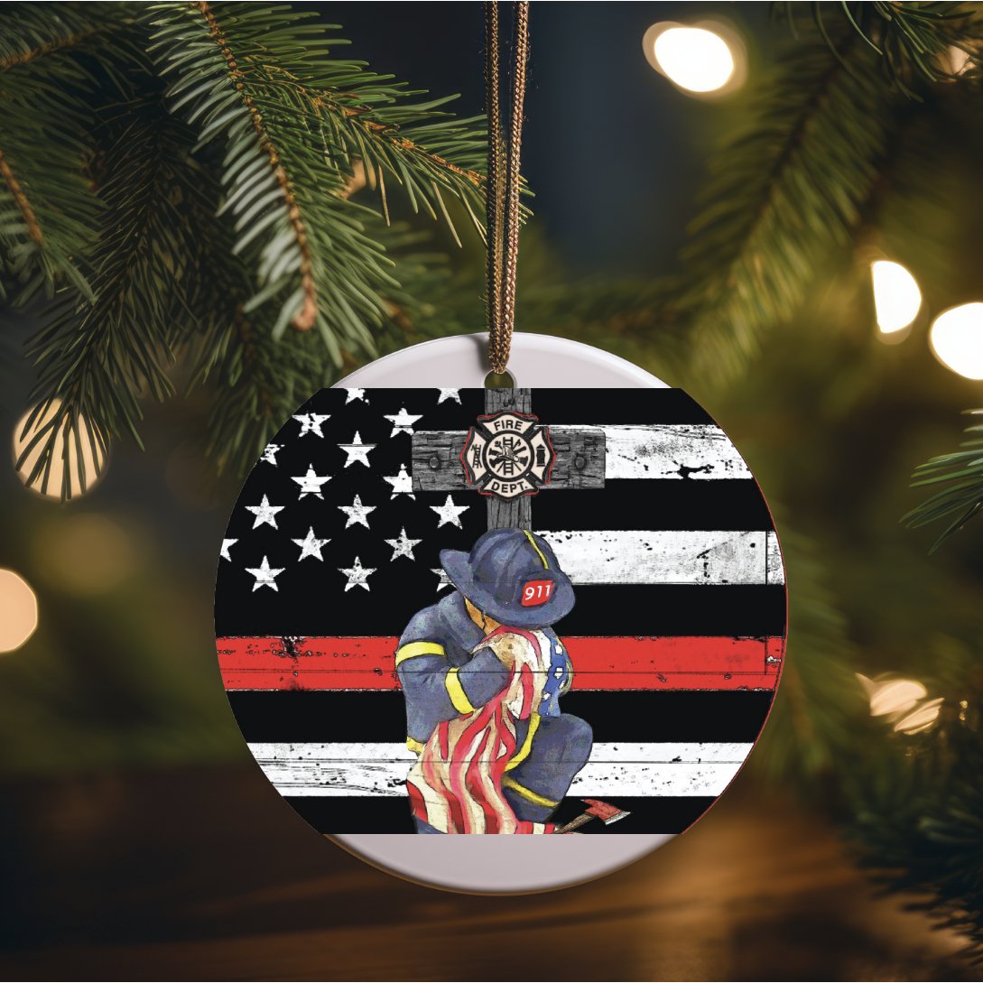 Shop For Thin Red Line Kneeling Firefighter Round Sign at Michelle's aDOORable Creations