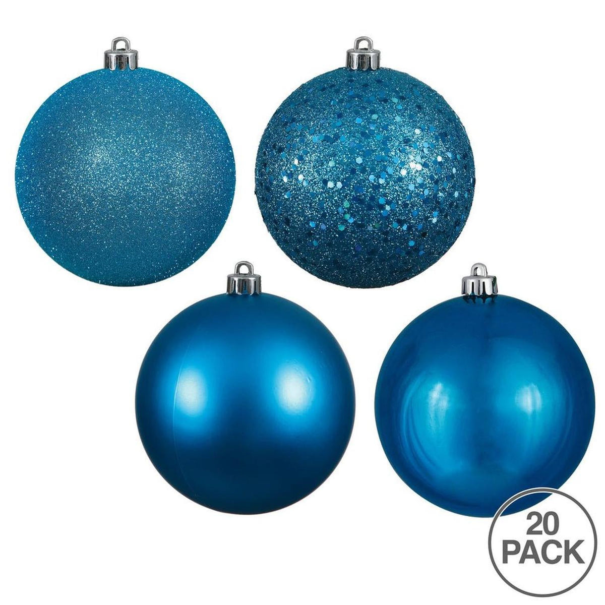 Box of 20 assorted turquoise Christmas tree ornaments featuring four distinct decorative textures