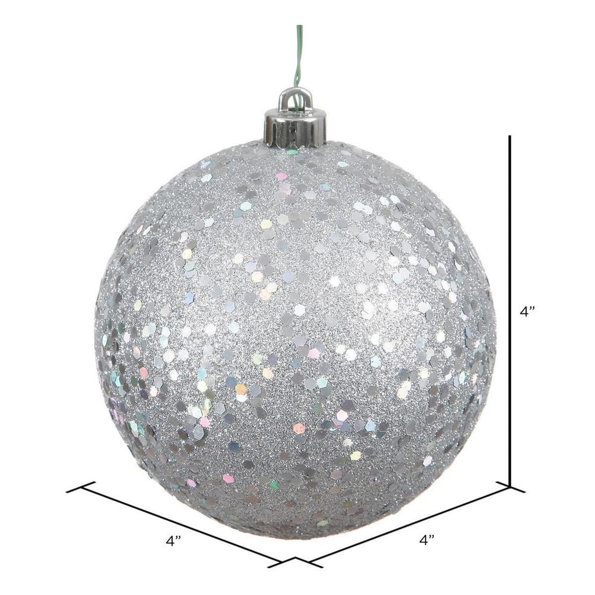 Silver sequin ball Christmas ornament, 4 inch shatterproof plastic with metallic cap