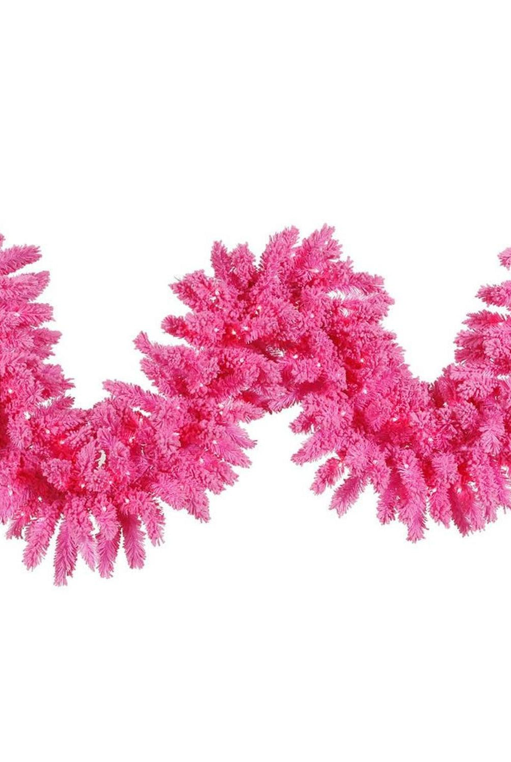 9' Flocked Pink Garland with 100 LED Pink Lights