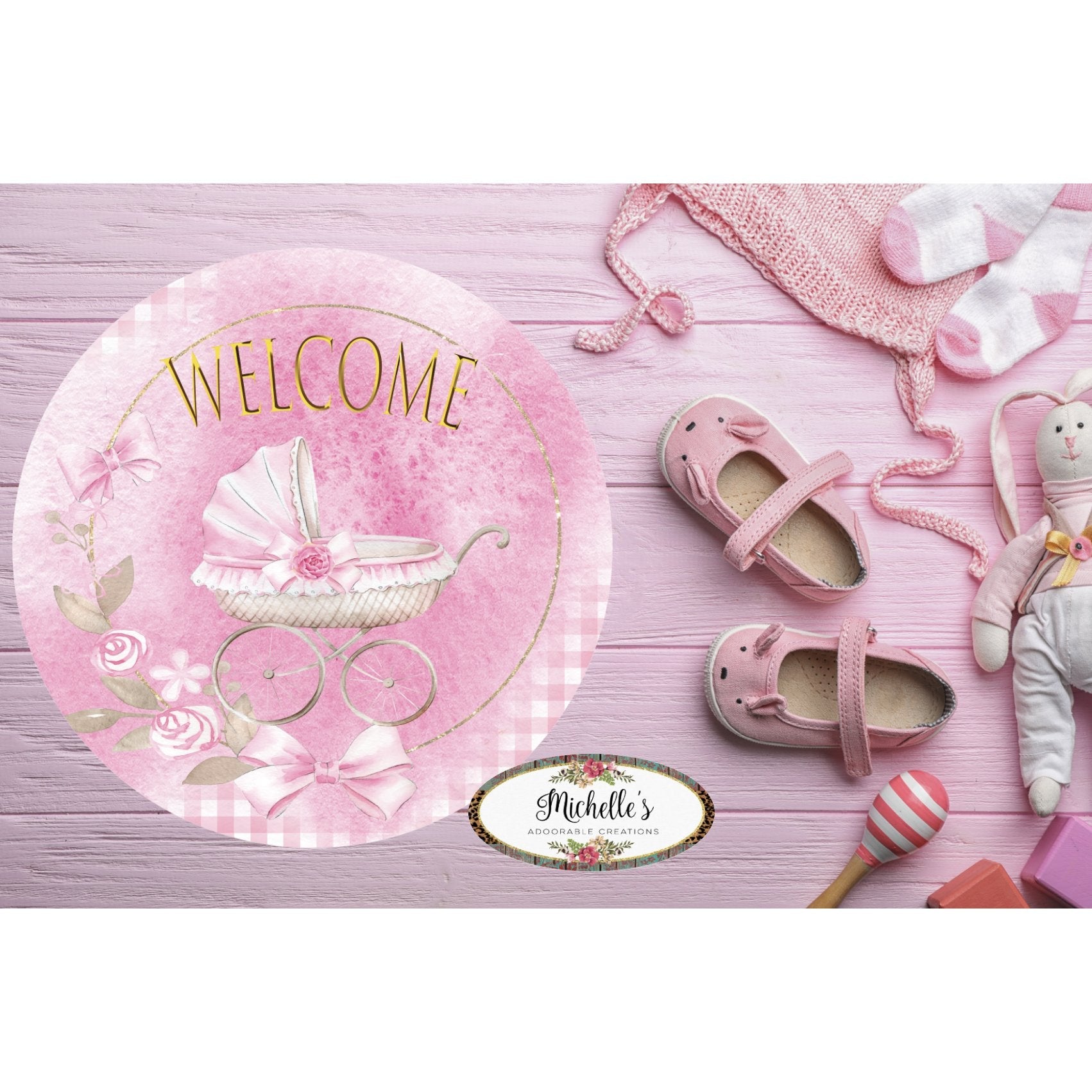 Shop For Welcome Baby Girl Round Sign - Wreath Enhancement at Michelle's aDOORable Creations