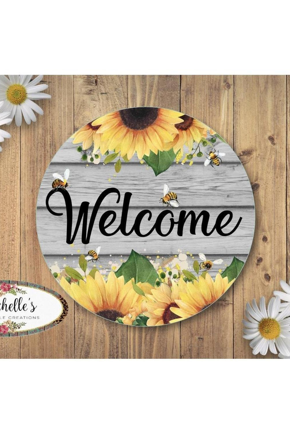 Welcome Sunflower Bumble Bee Round Sign