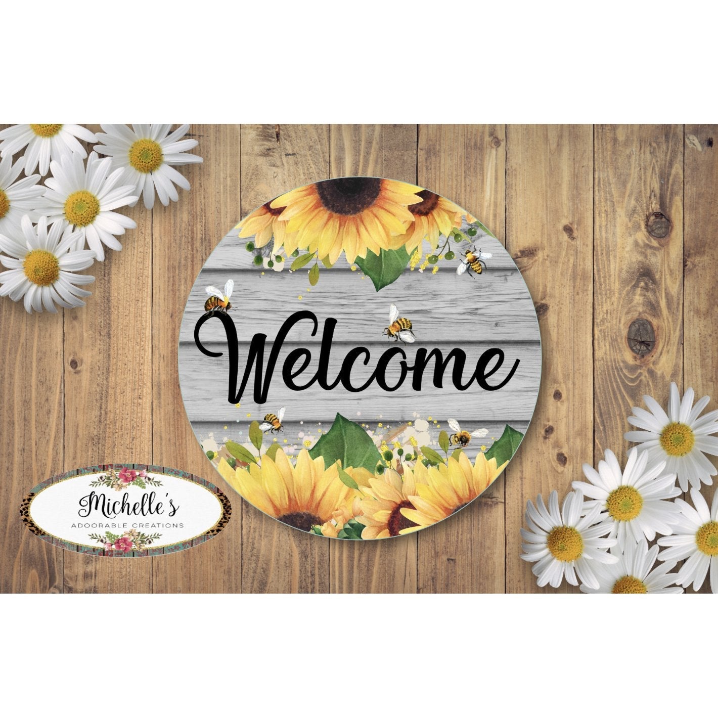 Shop For Welcome Sunflower Bumble Bee Round Sign - Wreath Enhancement at Michelle's aDOORable Creations