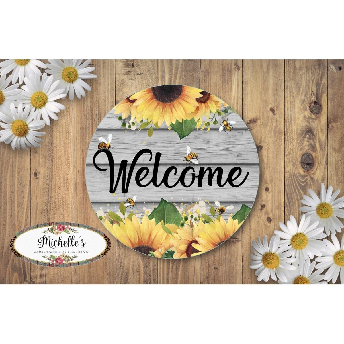 Shop For Welcome Sunflower Bumble Bee Round Sign - Wreath Enhancement at Michelle's aDOORable Creations