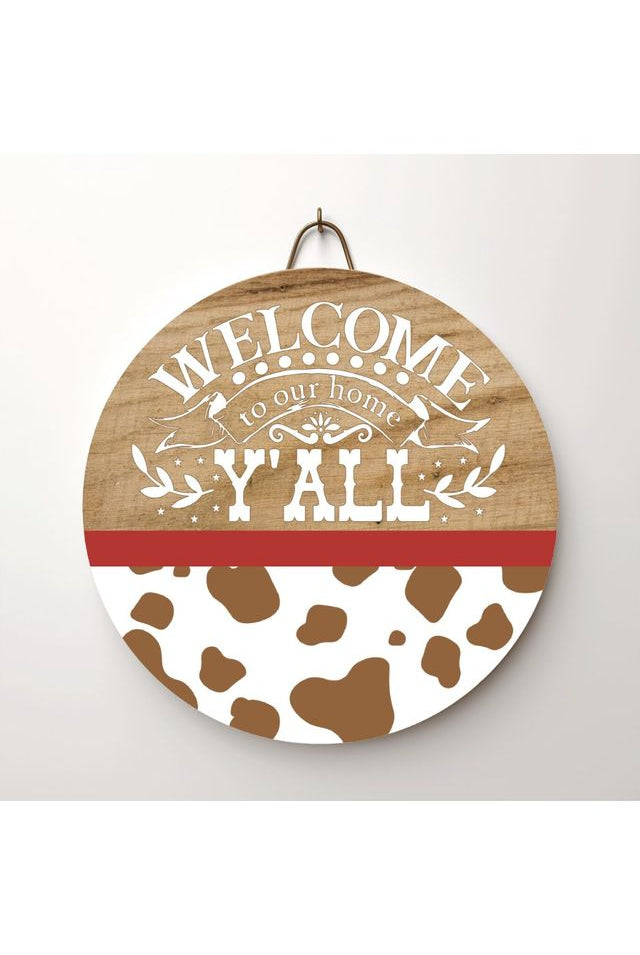 Welcome To Our Home Yall Brown Cow Sign - Wreath Enhancement - Michelle's aDOORable Creations - Signature Signs