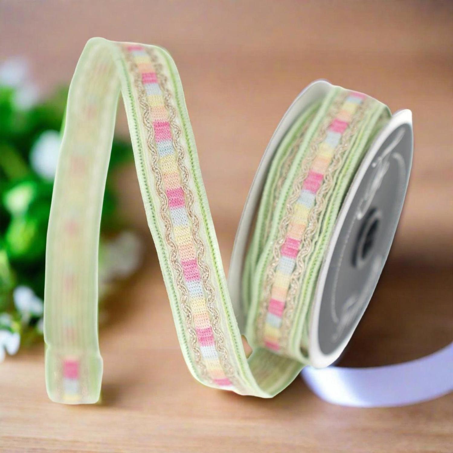 1" Pastel Border Ribbon: Green (10 Yards)