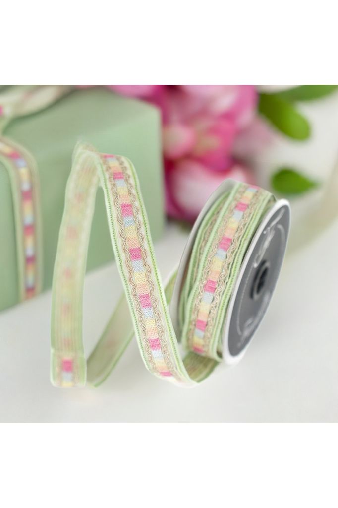 1" Pastel Border Ribbon: Green (10 Yards) - Michelle's aDOORable Creations - Wired Edge Ribbon