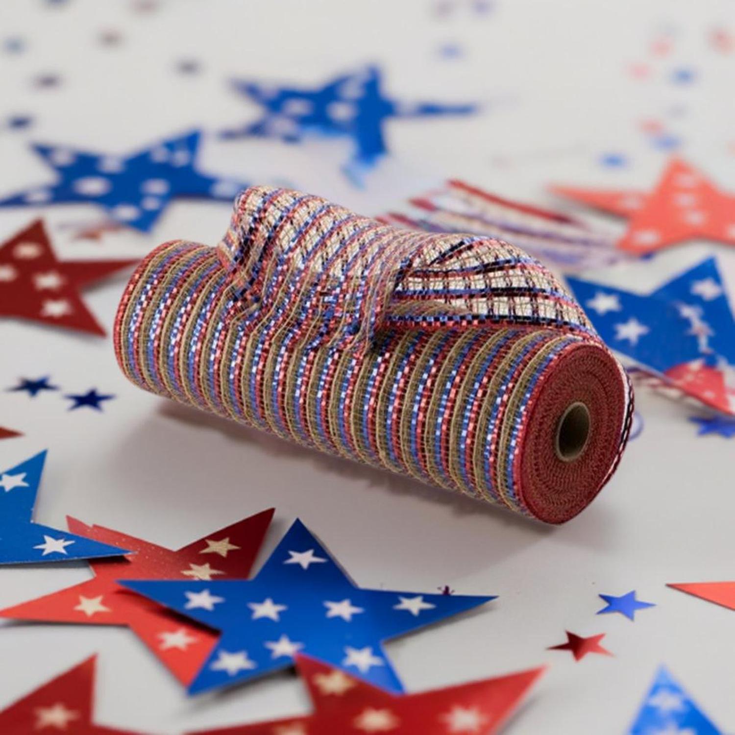 10" All Foil Thin Stripes Mesh Ribbon: Red, Natural, Blue (10 Yards)